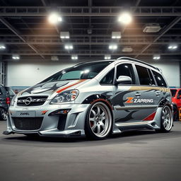 An impressive 2003 Opel Zafira featuring a custom widebody tuning, highlighting its aggressive styling with extended fenders and a lowered chassis