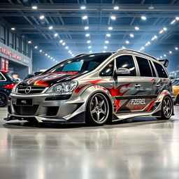 An impressive 2003 Opel Zafira featuring a custom widebody tuning, highlighting its aggressive styling with extended fenders and a lowered chassis