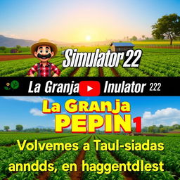 A vibrant and lively YouTube thumbnail for 'Farming Simulator 22', featuring a picturesque farm scene with rich green fields, a variety of crops, and a cheerful farmer character in a straw hat and plaid shirt, engaging with the land