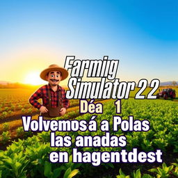 A vibrant and lively YouTube thumbnail for 'Farming Simulator 22', featuring a picturesque farm scene with rich green fields, a variety of crops, and a cheerful farmer character in a straw hat and plaid shirt, engaging with the land