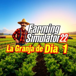 A vibrant and lively YouTube thumbnail for 'Farming Simulator 22', featuring a picturesque farm scene with rich green fields, a variety of crops, and a cheerful farmer character in a straw hat and plaid shirt, engaging with the land