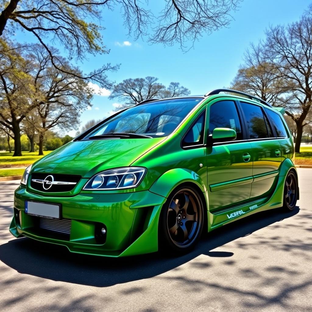 A stunning 2003 Opel Zafira transformed with an eye-catching green widebody kit, showcasing bold, extended fenders and a lowered stance for an aggressive look