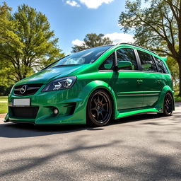 A stunning 2003 Opel Zafira transformed with an eye-catching green widebody kit, showcasing bold, extended fenders and a lowered stance for an aggressive look