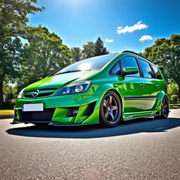 A stunning 2003 Opel Zafira transformed with an eye-catching green widebody kit, showcasing bold, extended fenders and a lowered stance for an aggressive look