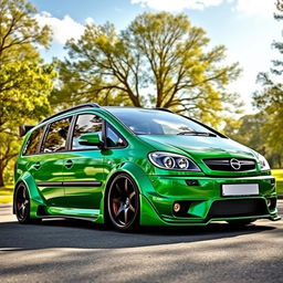 A stunning 2003 Opel Zafira transformed with an eye-catching green widebody kit, showcasing bold, extended fenders and a lowered stance for an aggressive look