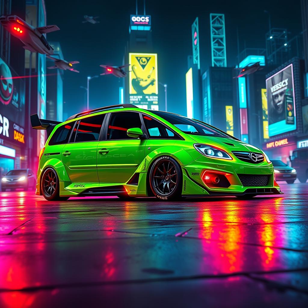 A 2003 Opel Zafira in a vibrant green color, modified with an impressive widebody kit that emphasizes its futuristic design