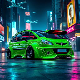 A 2003 Opel Zafira in a vibrant green color, modified with an impressive widebody kit that emphasizes its futuristic design