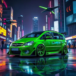 A 2003 Opel Zafira in a vibrant green color, modified with an impressive widebody kit that emphasizes its futuristic design