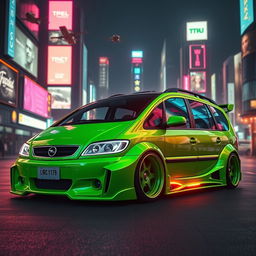 A 2003 Opel Zafira in a vibrant green color, modified with an impressive widebody kit that emphasizes its futuristic design