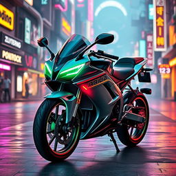 A 2001 Aprilia RS50 motorcycle, tastefully tuned for performance and style, featured in a captivating cyberpunk setting