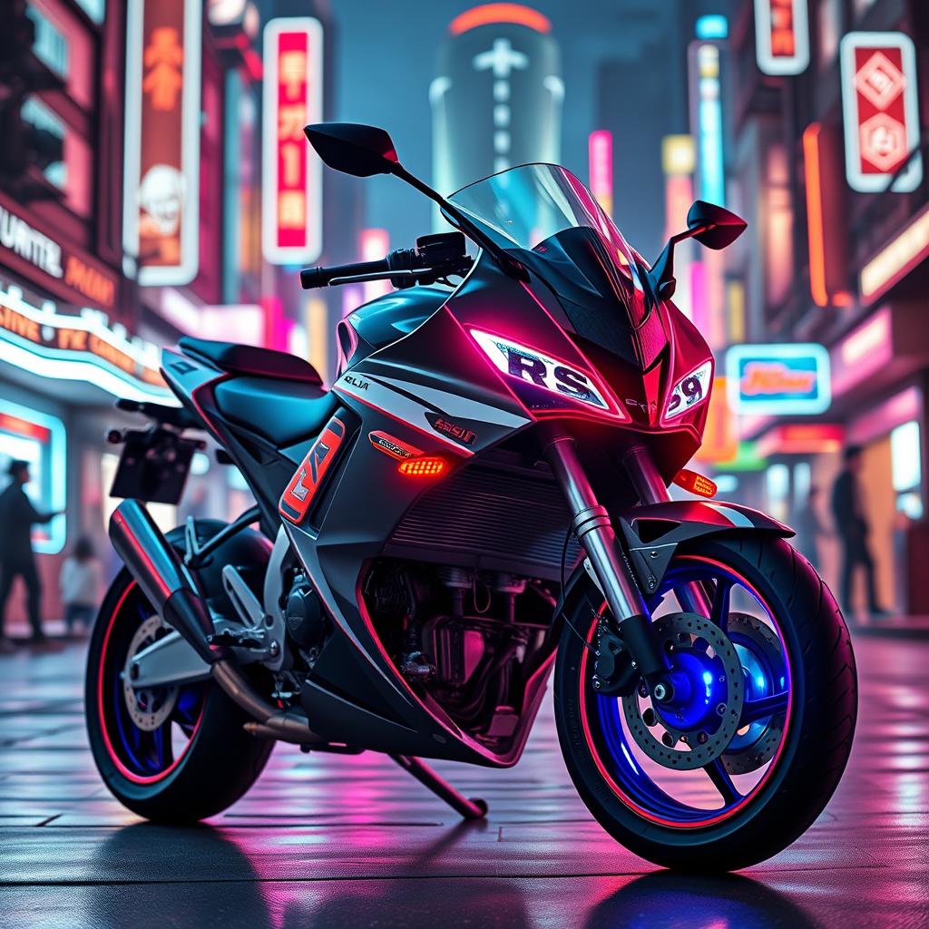 A 2001 Aprilia RS50 motorcycle, tastefully tuned for performance and style, featured in a captivating cyberpunk setting