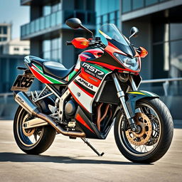 A highly detailed image of a 2001 Aprilia RS50 motorcycle that showcases various tuning modifications