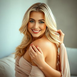 A stunning, beautiful blonde woman with a radiant smile, posing gracefully in an artistic and elegant manner