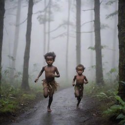 A child from Papua running through the forest in pursuit of a wolf, bow in hand. The atmosphere is warm, foggy, and a light rain is falling.