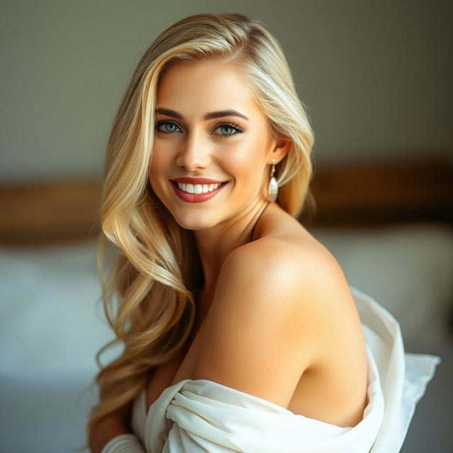 A stunning, beautiful blonde woman with a radiant smile, posing gracefully in an artistic and elegant manner