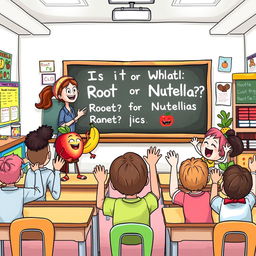 A lively and colorful illustration of a teaching quiz inspired by the theme "Is it Root or Nutella?" The image features a whimsical classroom scene with a cheerful teacher presenting a fun quiz on a chalkboard