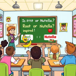 A lively and colorful illustration of a teaching quiz inspired by the theme "Is it Root or Nutella?" The image features a whimsical classroom scene with a cheerful teacher presenting a fun quiz on a chalkboard