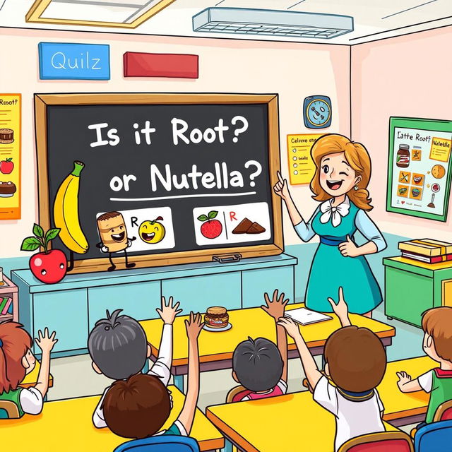 A lively and colorful illustration of a teaching quiz inspired by the theme "Is it Root or Nutella?" The image features a whimsical classroom scene with a cheerful teacher presenting a fun quiz on a chalkboard