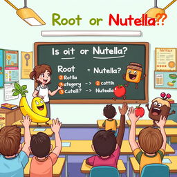 A lively and colorful illustration of a teaching quiz inspired by the theme "Is it Root or Nutella?" The image features a whimsical classroom scene with a cheerful teacher presenting a fun quiz on a chalkboard