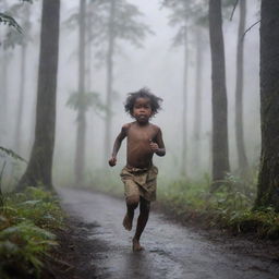 A child from Papua running through the forest in pursuit of a wolf, bow in hand. The atmosphere is warm, foggy, and a light rain is falling.