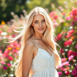 A beautiful blonde woman with long, flowing hair, standing in a sunlit garden surrounded by vibrant flowers