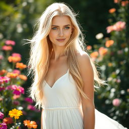 A beautiful blonde woman with long, flowing hair, standing in a sunlit garden surrounded by vibrant flowers