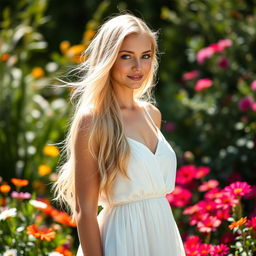 A beautiful blonde woman with long, flowing hair, standing in a sunlit garden surrounded by vibrant flowers