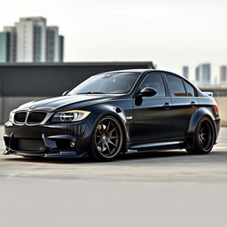 A sleek black BMW E90 with a widebody kit, showcasing an aggressive stance and enhanced aerodynamics