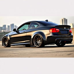 A sleek black BMW E90 with a widebody kit, showcasing an aggressive stance and enhanced aerodynamics