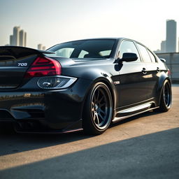 A sleek black BMW E90 with a widebody kit, showcasing an aggressive stance and enhanced aerodynamics