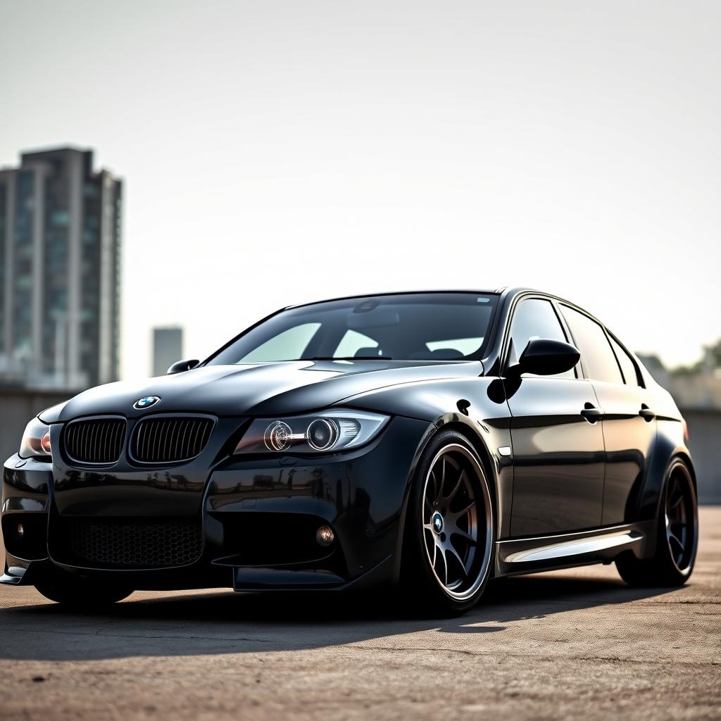 A sleek black BMW E90 with a widebody kit, showcasing an aggressive stance and enhanced aerodynamics