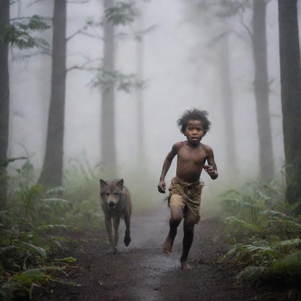 A child from Papua running through the forest in pursuit of a wolf, bow in hand. The atmosphere is warm, foggy, and a light rain is falling.