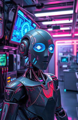 A futuristic AI robot in a sleek, high-tech laboratory, showcasing intricate circuits and glowing lights