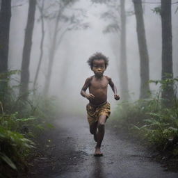 A child from Papua running through the forest in pursuit of a wolf, bow in hand. The atmosphere is warm, foggy, and a light rain is falling.