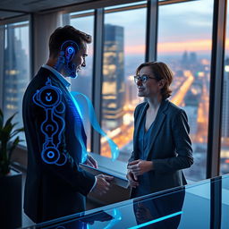 An advanced AI assistant, portrayed as a holographic figure, interacting with a user in a modern workspace