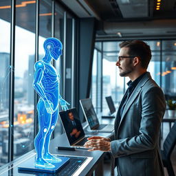 An advanced AI assistant, portrayed as a holographic figure, interacting with a user in a modern workspace