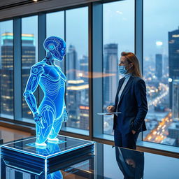 An advanced AI assistant, portrayed as a holographic figure, interacting with a user in a modern workspace