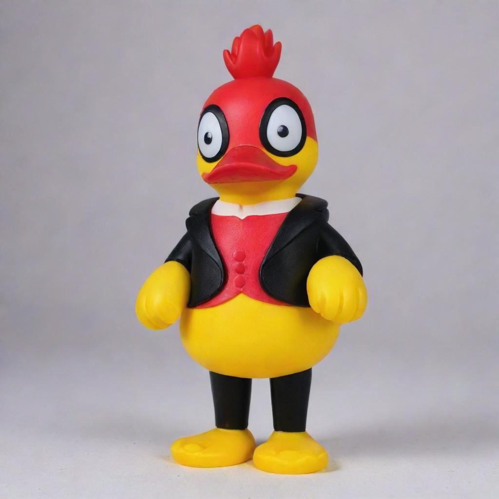 A rubber duck version of Lucifer from Hazbin Hotel. Incorporate his distinctive character features like red coloring, suit vest, and staff, while maintaining the fun and simplistic form of a classic yellow rubber duck.