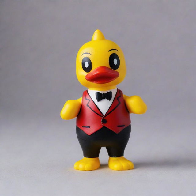 A rubber duck version of Lucifer from Hazbin Hotel. Incorporate his distinctive character features like red coloring, suit vest, and staff, while maintaining the fun and simplistic form of a classic yellow rubber duck.