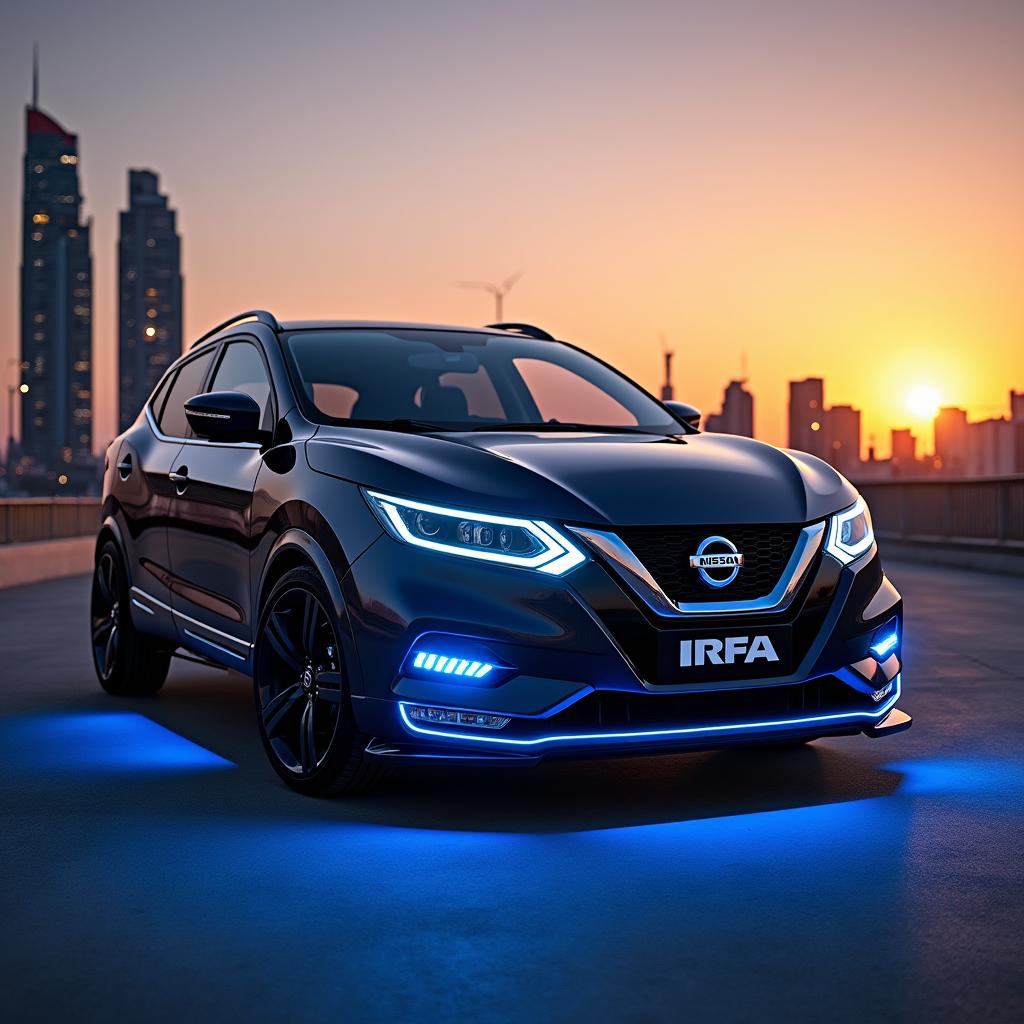 A sleek and modern Nissan Qashqai featuring striking blue LED lights integrated into the front bumper, combined with a stylish blue line running along the doors