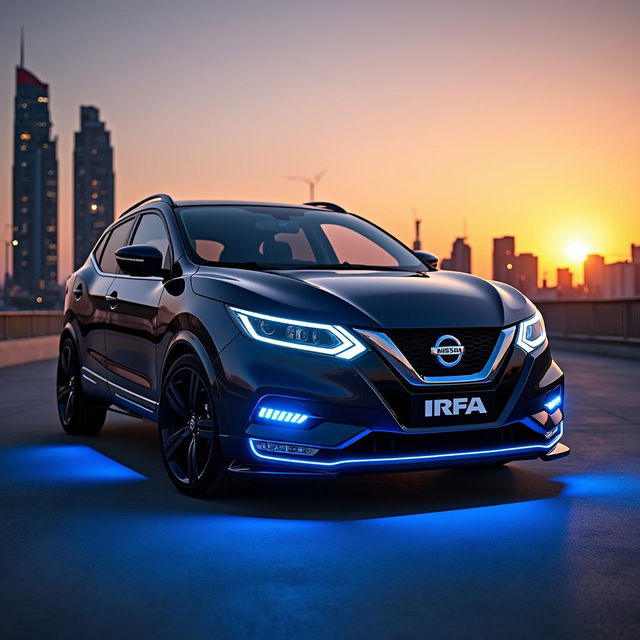 A sleek and modern Nissan Qashqai featuring striking blue LED lights integrated into the front bumper, combined with a stylish blue line running along the doors