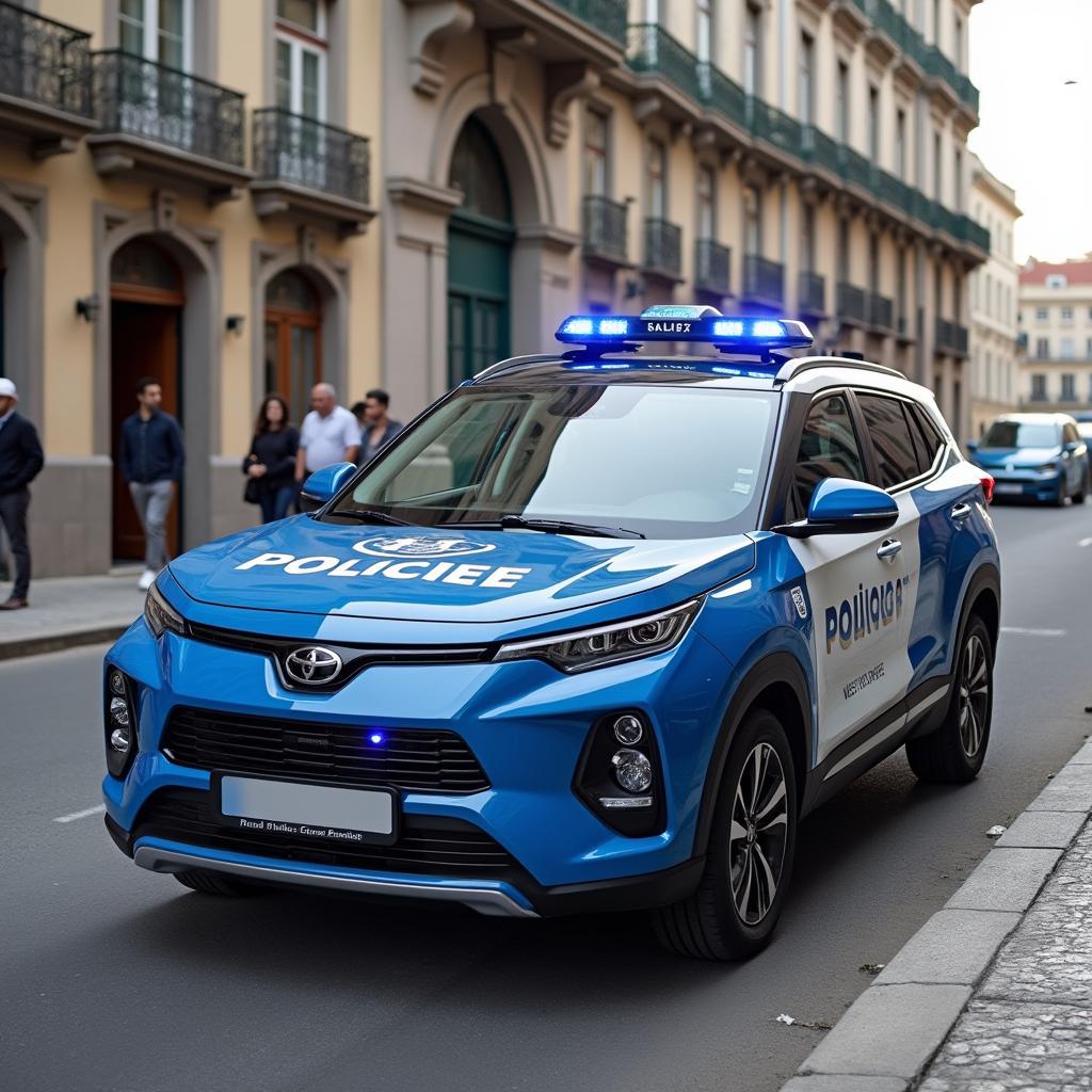 A modern Portuguese police car with a sleek design, showcasing the country's distinct police livery in vibrant blue and white colors