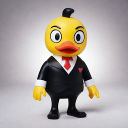 Create a more character-accurate rendition of Lucifer from Hazbin Hotel as a rubber duck. Capture his distinctive features like facial expressions, suit vest, staff, and the devilish charm while still maintaining the rubber duck form.