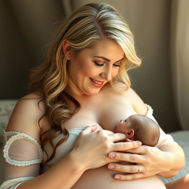 A beautiful adult woman, aged 40, with fair white skin, is depicted in a natural and serene setting, breastfeeding