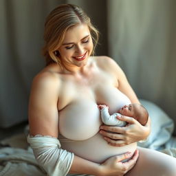 A beautiful adult woman, aged 40, with fair white skin, is depicted in a natural and serene setting, breastfeeding