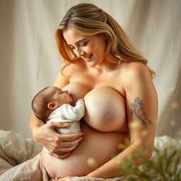 A beautiful adult woman, aged 40, with fair white skin, is depicted in a natural and serene setting, breastfeeding