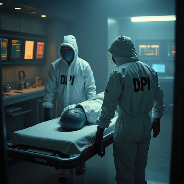 Two investigators dressed in full personal protective equipment (PPE) featuring bold black letters 'DPI' on the back, carefully transporting an alien body on a stretcher