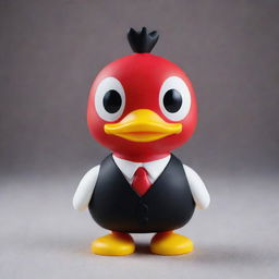 Create a more character-accurate rendition of Lucifer from Hazbin Hotel as a rubber duck. Capture his distinctive features like facial expressions, suit vest, staff, and the devilish charm while still maintaining the rubber duck form.