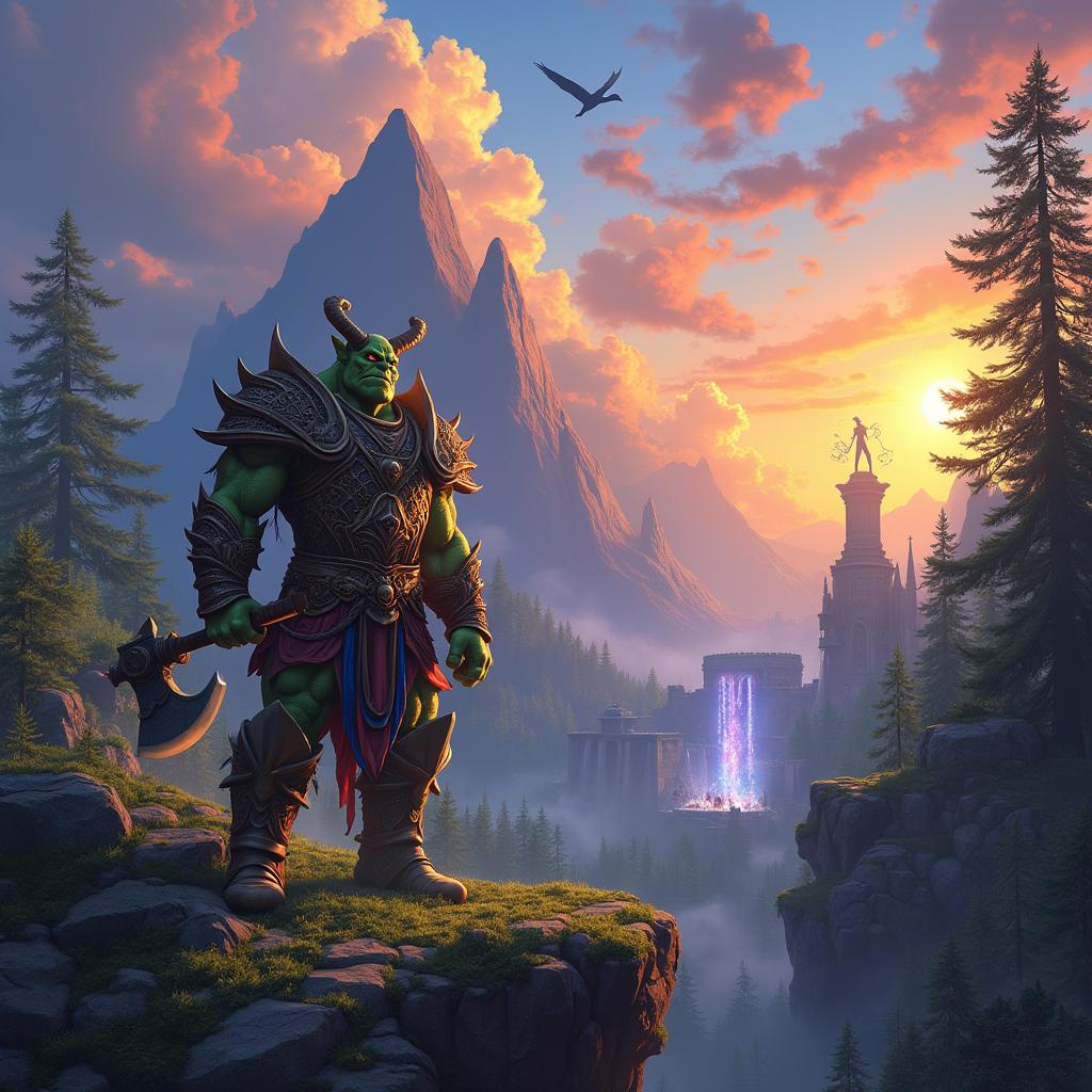 A vibrant fantasy landscape inspired by the World of Warcraft universe, featuring lush forests, towering mountain ranges, and ancient ruins