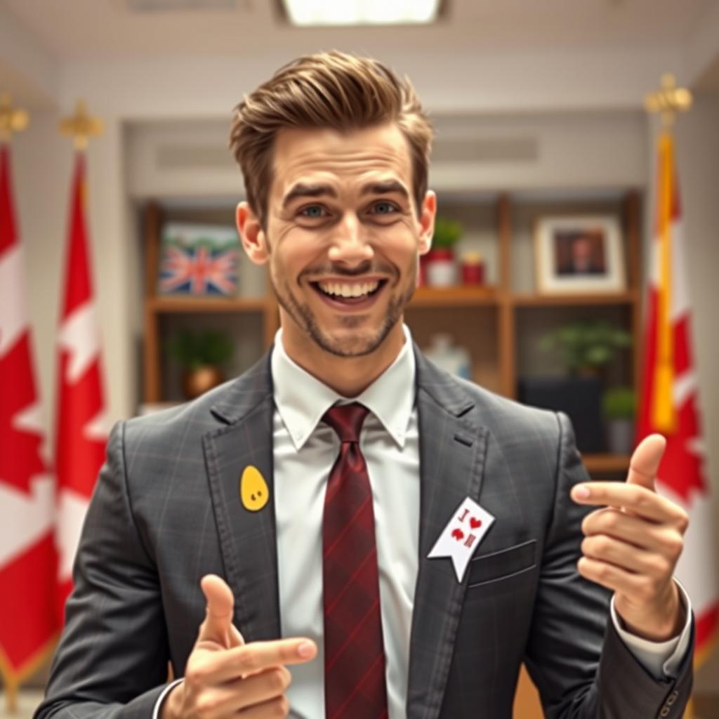 A lifelike, hyper-realistic portrait of a charismatic male politician resembling a young adult, in a suit, with striking features, engaged in a humorous or playful manner